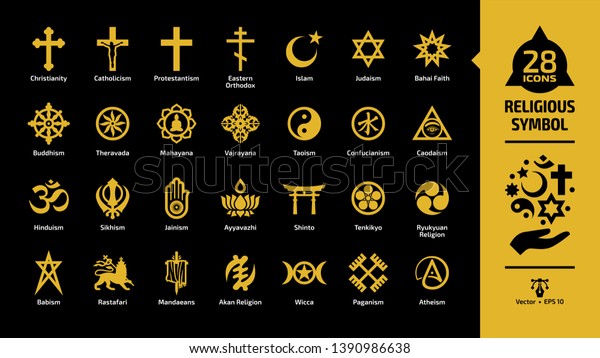 Religious
symbol yellow icon set on a black background with christian cross,
islam crescent and star, judaism star of david, taoism yin and
yang, shinto torii gate religion glyph
sign.