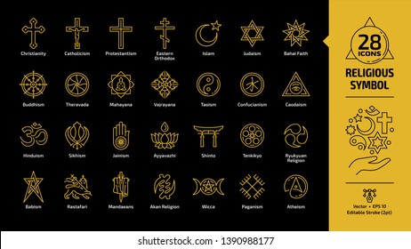 Religious symbol yellow outline icon set on a black background with christian cross, islam crescent and star, judaism star of david, hinduism aum letter editable stroke line sign.