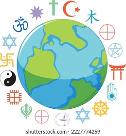 Religious symbols around earth planet illustration