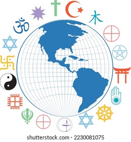 Religious symbols around earth planet illustration