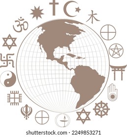 Religious symbols around earth planet illustration