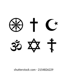 Religious symbols. Christianity, Islam, Judaism, Orthodoxy Buddhism and Hinduism. Interreligious or interfaith concept. set of black flat icons isolated on white background.