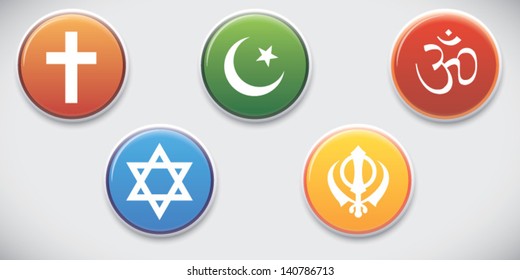 Religious Symbols of different Religion, Faith and Creed - Vector pin / button Badge