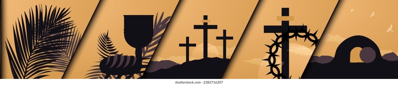 Religious symbols header on sunset background. Palms, chalice and bread, three crosses on mountains, cross with crown of thorns, open tomb.