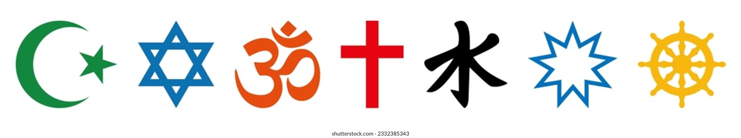 Religious symbols icon set. Islam, Judaism, Christianity, Hinduism, Buddhism, Confucianism, Bahaism. Vector illustration 