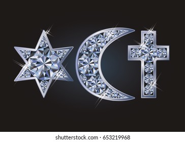 Religious symbols jewish David's star, islamic crescent, christian cross. vector illustration