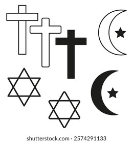 Religious symbols set. Cross star moon. Faith icon collection. Black white vector.