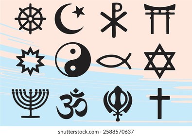 Religious symbols and Signs Set. Religion and Faith Icons. Islam, Christianity, Judaism, Buddhism, , Hinduism. Editable vector, EPS 10