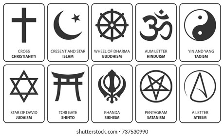 Religious symbols. Vector. Christianity cross, Islam crescent, Buddhism dharma wheel, Hinduism aum, Taoism yin yang, Judaism David star, Shinto tori gate, Sikhism Khanda, Satanism pentagram, Ateism.