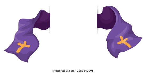 Religious template with blank space in the center, decorated on both sides with purple stole and golden crosses in cartoon style.