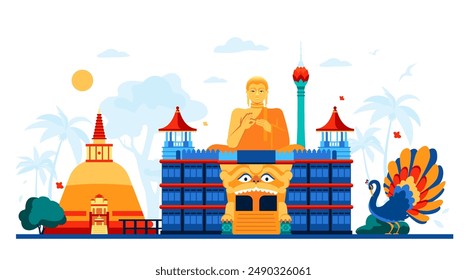 Religious temples of Sri Lanka - modern colored vector illustration with White Dagoba, Dambulla Golden Temple, Colombo Lotus Tower and peacock as a symbol of prosperity. Traveling in Asia and tropics