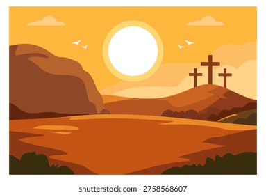 Religious themed vector illustration in flat design style. Featuring a mountainous landscape with three crosses on the hilltop on the right side. The sky is a gradient of yellow and orange with a large sun in the center, minimalist clouds, and silhouettes of birds flying freely. This image is suitable for Christian Holiday Greeting Media, Digital Greeting Cards, Banners, Social Media Posts, Worship Amphlets or Brochures, Book Covers, Decorations and Souvenirs.