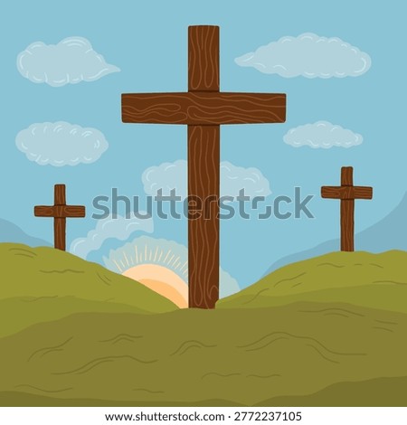 Religious three crosses on calvary hill vector. Easter scene with three wooden crosses illustration. Good friday illustration with christian holiday of jesus christ crucifixion in flat cartoon for banner