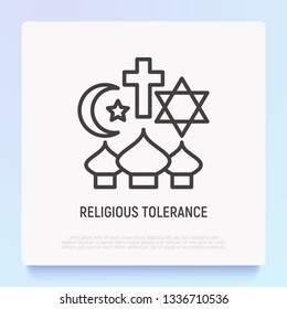 Religious tolerance thin line icon, interfaith respect. Modern vector illustration of peace and understanding between islam, christianity and judaism.