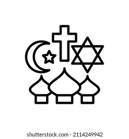 Religious tolerance thin line icon, interfaith respect. Modern vector illustration of peace and understanding between islam, christianity and judaism.