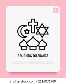 Icono de delgada línea de tolerancia religiosa, respeto interreligioso. Ilustración vectorial moderna de la paz y la comprensión entre el islam, la cristiandad y el judaísmo.