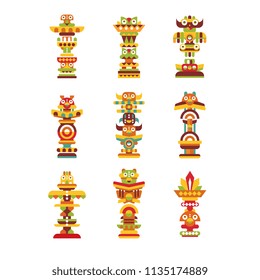 Religious totem set, colorful native cultural tribal symbols vector Illustrations on a white background