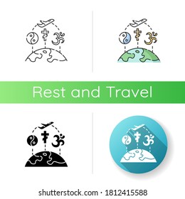 Religious tourism icon. Linear black and RGB color styles. Spiritual journey, pilgrimage. Exploring worlds religions. Taoism, christianity and hinduism signs isolated vector illustrations