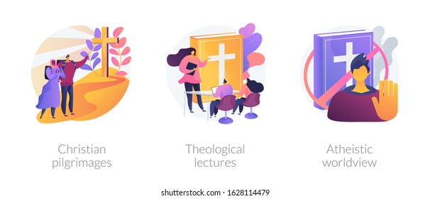 Religious tourism, visiting holy places. Church values promotion. Christian pilgrimages, theological lectures, atheistic worldview metaphors. Vector isolated concept metaphor illustrations