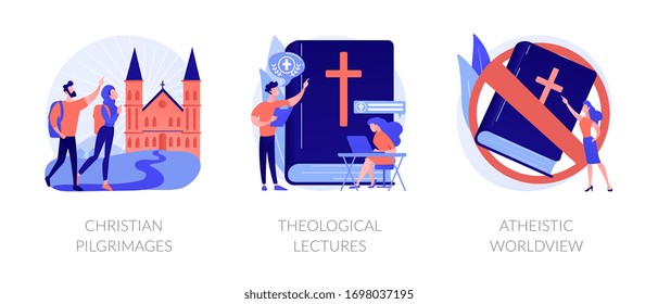 Religious tourism, visiting holy places. Church values promotion. Christian pilgrimages, theological lectures, atheistic worldview metaphors. Vector isolated concept metaphor illustrations