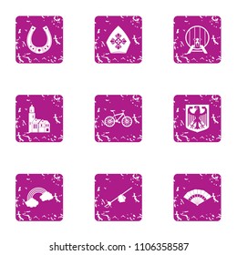 Religious town icons set. Grunge set of 9 religious town vector icons for web isolated on white background