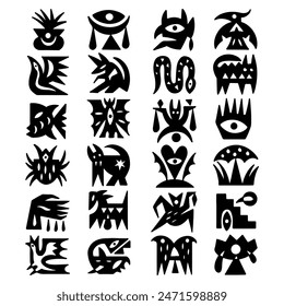 Religious tribal icons of ancient creatures and gods, totem signs and symbols. Set of vector icons EPS 10