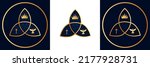 Religious trinity, crown, cross, holy spirit, dove on dark and isolated on white background. Gold and sunset color with pattern. Religious triquetra emblem. Vector Illustration. EPS 10.