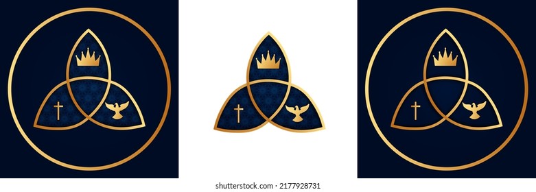 Religious trinity, crown, cross, holy spirit, dove on dark and isolated on white background. Gold and sunset color with pattern. Religious triquetra emblem. Vector Illustration. EPS 10.