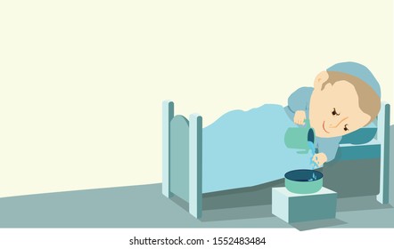 A religious ultra-Orthodox Jewish boy with a headcover skullcap, making netilat yadayim - hands washing  with a natla and a bowl by the bed in the morning. A light blue and turquoise bed.