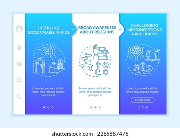 Religious values onboarding vector template. Instilling good values in kids. Broad awareness about religions. Responsive mobile website with icons. Webpage walkthrough step screens. RGB color concept