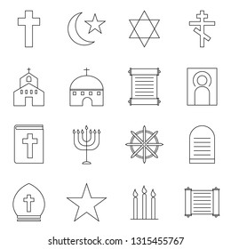 Religious vector illustration line icon set. Included the icons as dogma, pray, religion, Buddhism, Christ, Islamic and more.