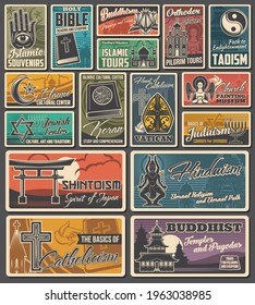 Religious vector vintage banners. Islam, buddhism and christianity, shintoism, catholicism and hinduism with judaism retro cards with world religion symbols. Islamic Koran, Bible, temple or church