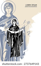 Religious vintage poster template with Intercession of the Theotokos. Christian illustration in Byzantine style