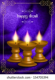 religious violet color background design for diwali festival with beautiful lamps and golden frame. vector illustration