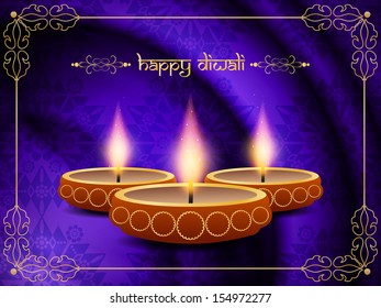 religious violet color background design for diwali festival with beautiful lamps and golden frame. vector illustration