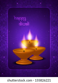 religious violet color background design for diwali festival with beautiful lamps.
