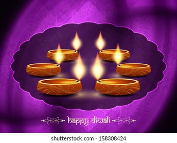 religious violet color background design for diwali festival with beautiful lamps. vector illustration