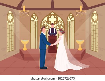 Religious wedding ceremony flat color vector illustration. Priest does matrimony service. Couple marry in church. Bride and groom 2D cartoon characters with christian chapel on background