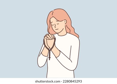 Religious woman with rosary in hands praying. Calm female believer pray to God holding beads. Faith and religion. Vector illustration. 