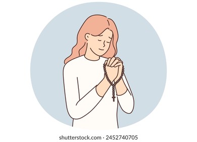 Religious woman with rosary in hands praying. Calm female believer pray to God holding beads. Faith and religion. Vector illustration.