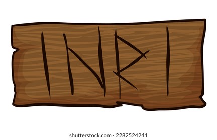 Religious wooden sign with the sign INRI -Latin inscription, meaning Jesus the Nazarene, King of the Jews- during his crucifixion. Cartoon style design on white background.