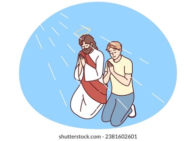 Religious young man kneel near Jesus Christ praying with hands together. Male believer pray for good life. Religion and faith. Vector illustration.