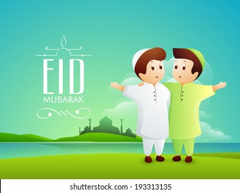 Religious young Muslim boys hugging each other on creative nature background, can be use as greeting card or invitation for celebration of Eid Mubarak festival.