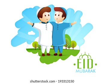 Religious young Muslim boys hugging each other on creative nature background, can be use as greeting card or invitation for celebration of Eid Mubarak festival.