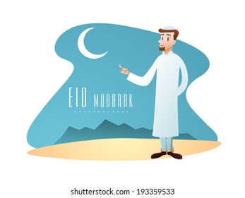 Religious young Muslim man indicating towards crescent moon. Creative poster, banner or flyer design for Eid Mubarak festival celebration.