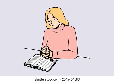 Religious young woman read bible pray with rosary. Female believer praying to god in church. Faith and religion. Vector illustration. 