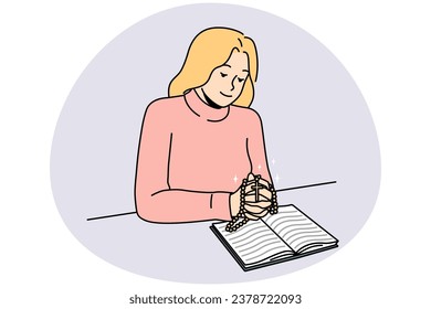 Religious young woman read bible pray with rosary. Female believer praying to god in church. Faith and religion. Vector illustration.