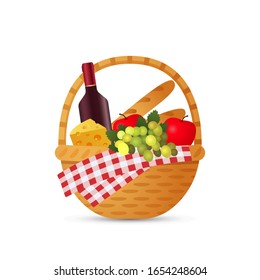 a relish wicker picnic basket with a bottle of red wine, fruit and cheese. The concept of family outdoor recreation. vector illustration isolated on white background