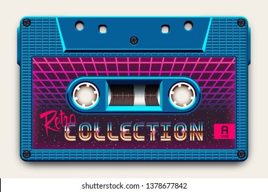 Relistic Bright Blue Audio Cassette, Retro Collection, Mixtape in Style of 80s and Retrowave, Synthwave, Vaporwave or Outrun