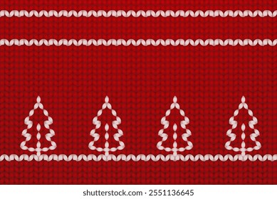 Relistic knitted vector pattern with white fir trees on red background. Winter mood. 